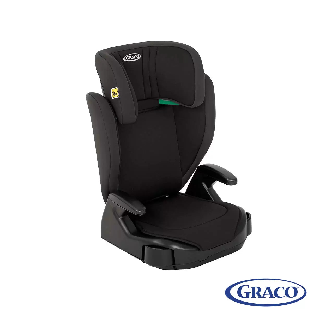 A side-angle view of the Graco Junior Maxi i-Size Booster car seat featuring a sleek design with clearly visible belt guides in a modern vehicle interior.