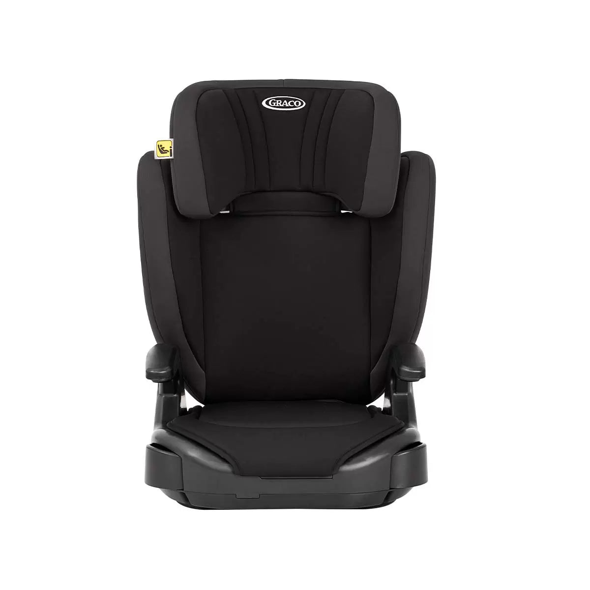 A side-angle view of the Graco Junior Maxi i-Size Booster car seat featuring a sleek design with clearly visible belt guides in a modern vehicle interior.