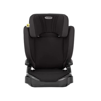 A side-angle view of the Graco Junior Maxi i-Size Booster car seat featuring a sleek design with clearly visible belt guides in a modern vehicle interior.