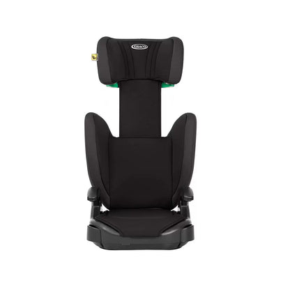 A side-angle view of the Graco Junior Maxi i-Size Booster car seat featuring a sleek design with clearly visible belt guides in a modern vehicle interior.