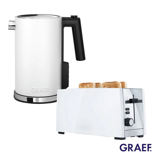 Matching white and stainless steel Graef 1.2L electric kettle and 4-slice long-slot toaster set displayed together on a kitchen counter.