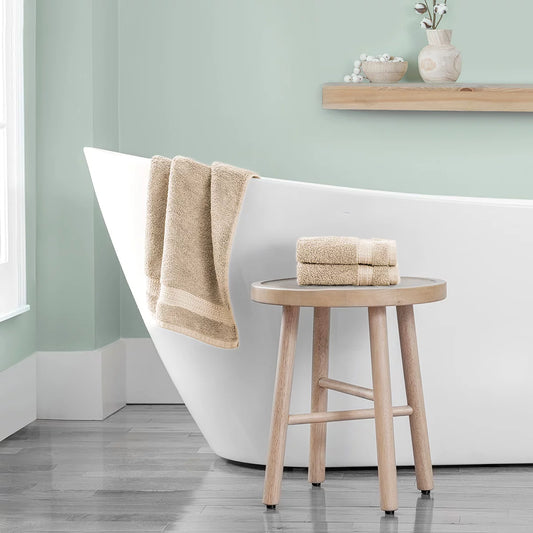 Grandeur 100% Cotton Hand Towels in a 2-pack bundle, demonstrating the thick pile texture and sturdy double-stitched borders.