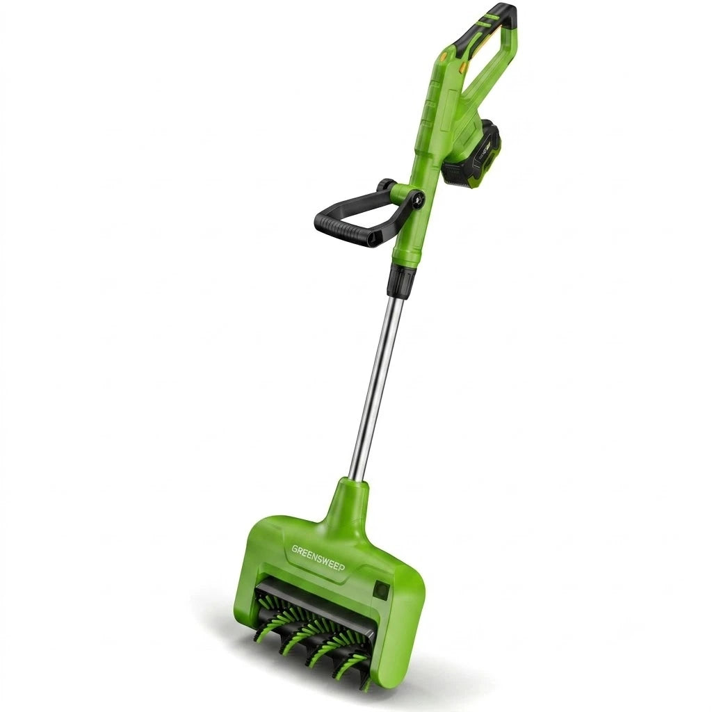 GreenSweep Reviver Volt cordless power brush cleaning artificial grass and restoring turf fibres in a residential garden - 1
