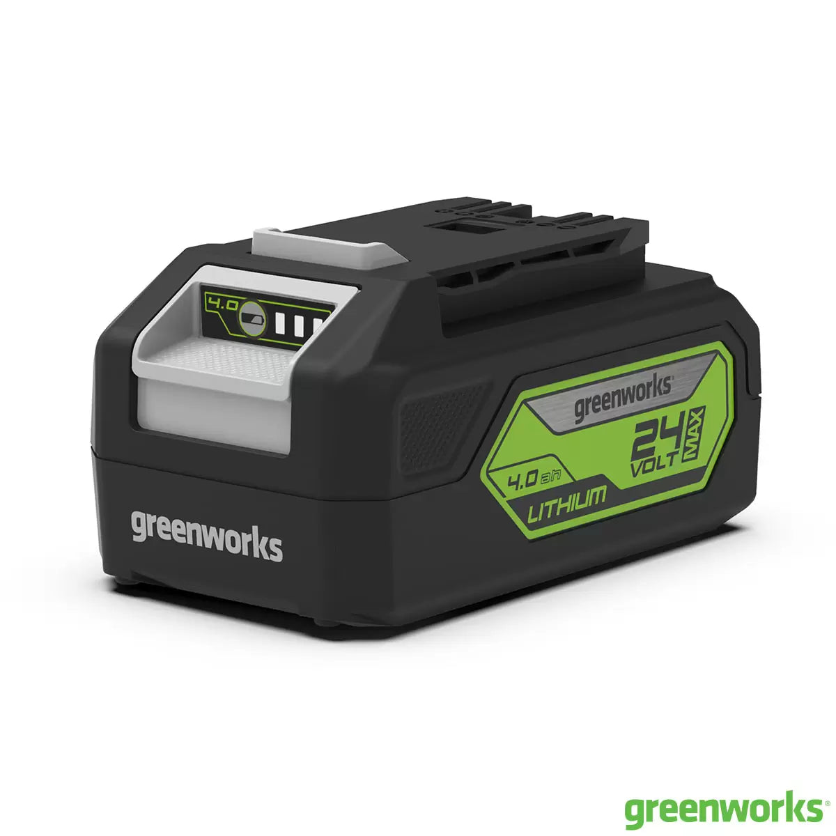 Greenworks 24V 4Ah lithium-ion battery pack showing the green release button and three-level LED power indicator.