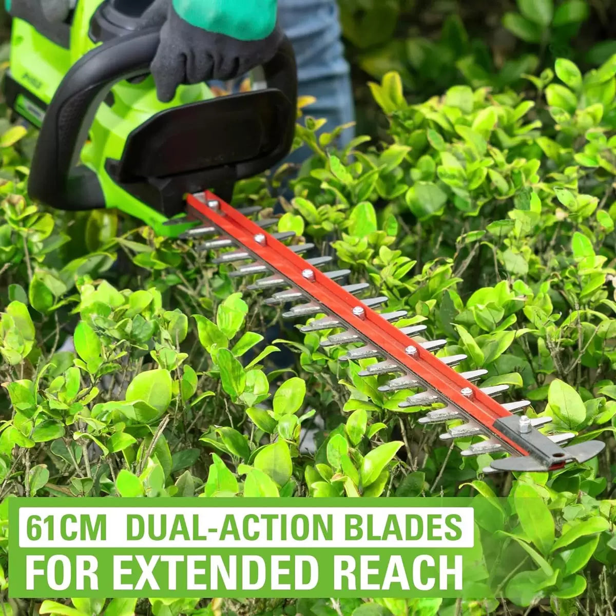 The Greenworks 24V 61cm Cordless Brushless Hedge Trimmer, showcasing its long laser-cut dual blades, wrap-around handle, and 24V battery insertion point.