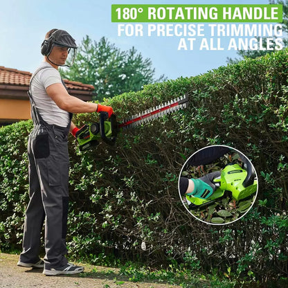 The Greenworks 24V 61cm Cordless Brushless Hedge Trimmer, showcasing its long laser-cut dual blades, wrap-around handle, and 24V battery insertion point.