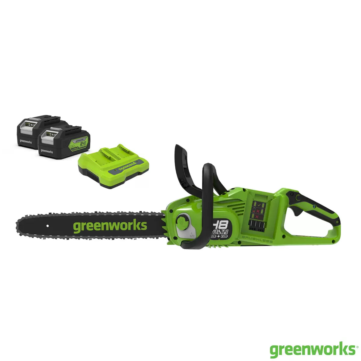 Greenworks 48V cordless brushless chainsaw with dual batteries cutting tree branches during garden maintenance