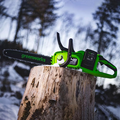 Greenworks 48V cordless brushless chainsaw with dual batteries cutting tree branches during garden maintenance