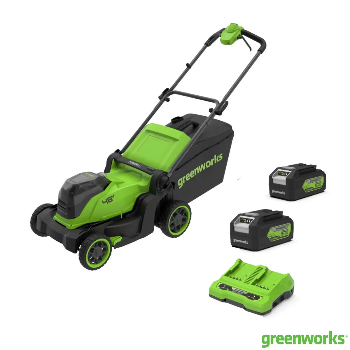 Greenworks 48V 41cm cordless lawn mower with dual batteries and charger cutting grass in a residential garden