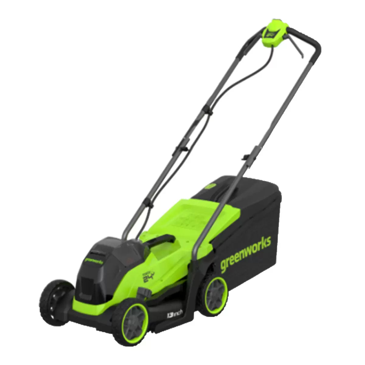 Greenworks 48V 41cm cordless lawn mower with dual batteries and charger cutting grass in a residential garden