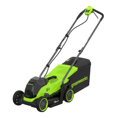 Greenworks 48V 41cm cordless lawn mower with dual batteries and charger cutting grass in a residential garden