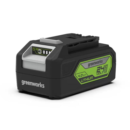 Greenworks 48V 41cm cordless lawn mower with dual batteries and charger cutting grass in a residential garden
