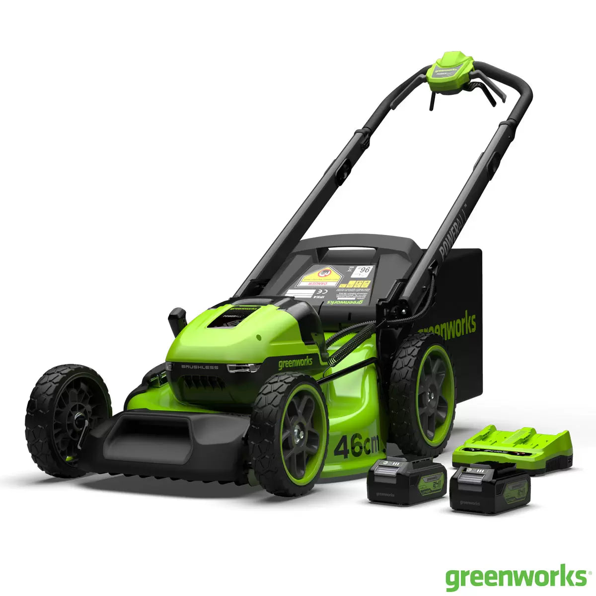 Greenworks 48V self-propelled cordless lawn mower with 46cm cutting deck mowing a large residential garden