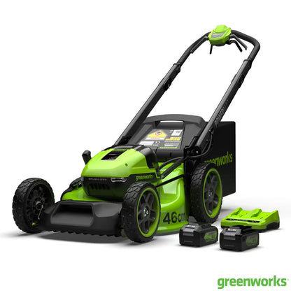 Greenworks 48V self-propelled cordless lawn mower with 46cm cutting deck mowing a large residential garden