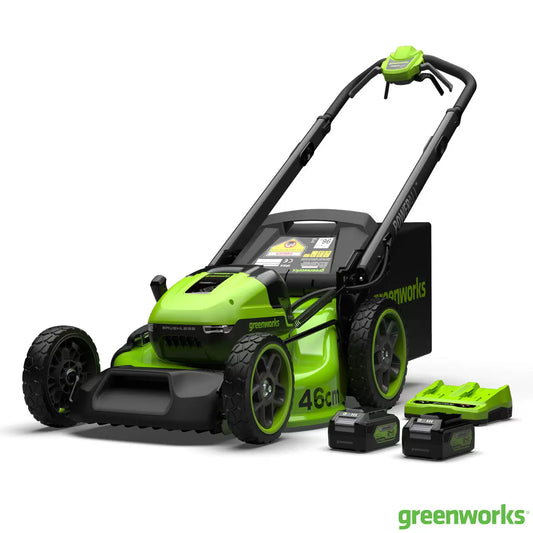 Greenworks 48V self-propelled cordless lawn mower with 46cm cutting deck mowing a large residential garden
