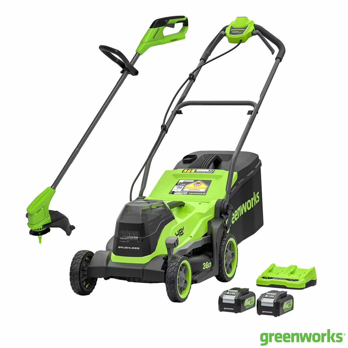 Greenworks cordless lawn mower and line trimmer bundle maintaining grass and garden edges in a residential garden