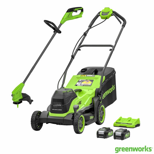 Greenworks cordless lawn mower and line trimmer bundle maintaining grass and garden edges in a residential garden