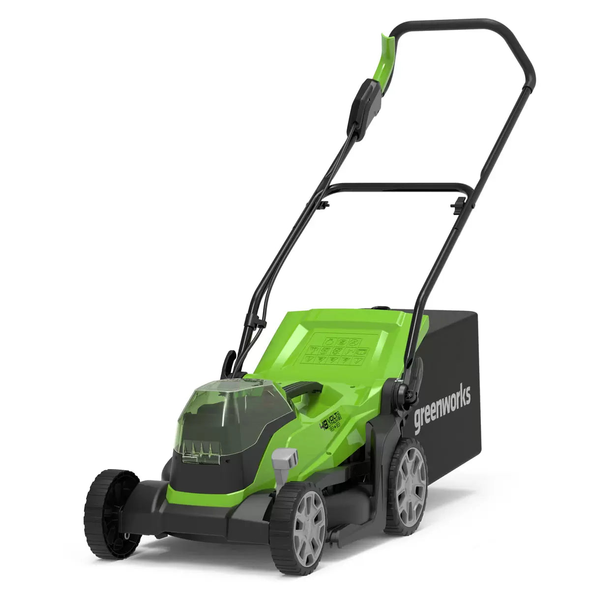 Greenworks cordless lawn mower and line trimmer bundle maintaining grass and garden edges in a residential garden
