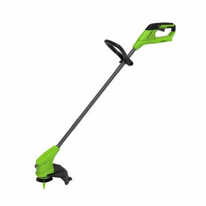 Greenworks cordless lawn mower and line trimmer bundle maintaining grass and garden edges in a residential garden