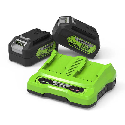 Greenworks cordless lawn mower and line trimmer bundle maintaining grass and garden edges in a residential garden