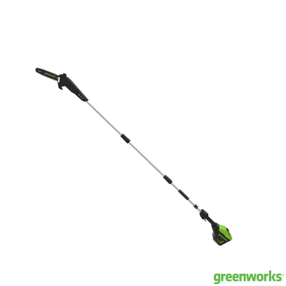 Greenworks 60V cordless poletrimmer with an articulating head being used to trim the very top of a tall garden hedge.