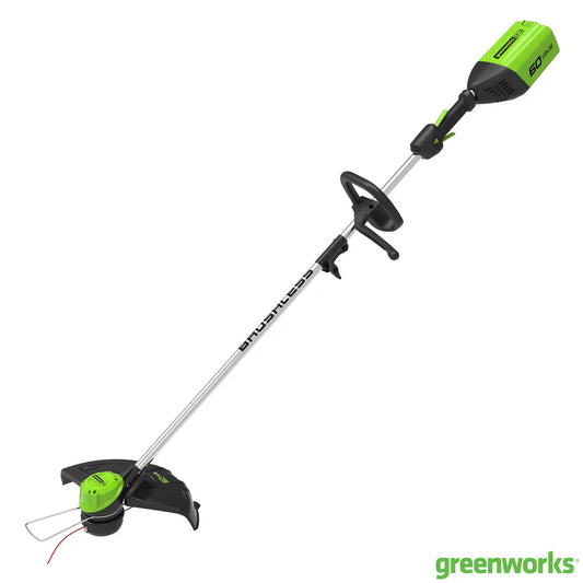 Green and black Greenworks 60V cordless linetrimmer showing the 36cm cutting head and adjustable auxiliary loop handle.