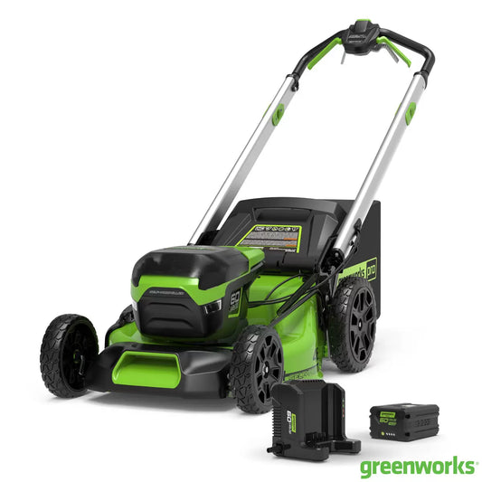 
Greenworks 60V 46cm self-propelled cordless lawnmower with 4Ah battery mowing a large residential garden