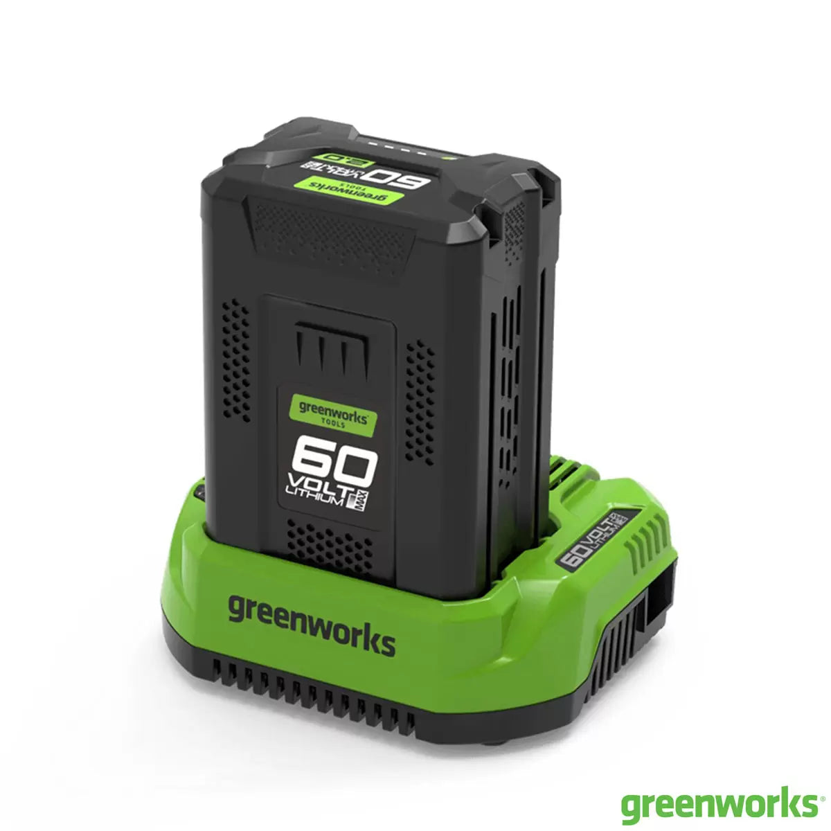 Greenworks 60V 2Ah lithium-ion power pack locked into its vertical diagnostic charging cradle.