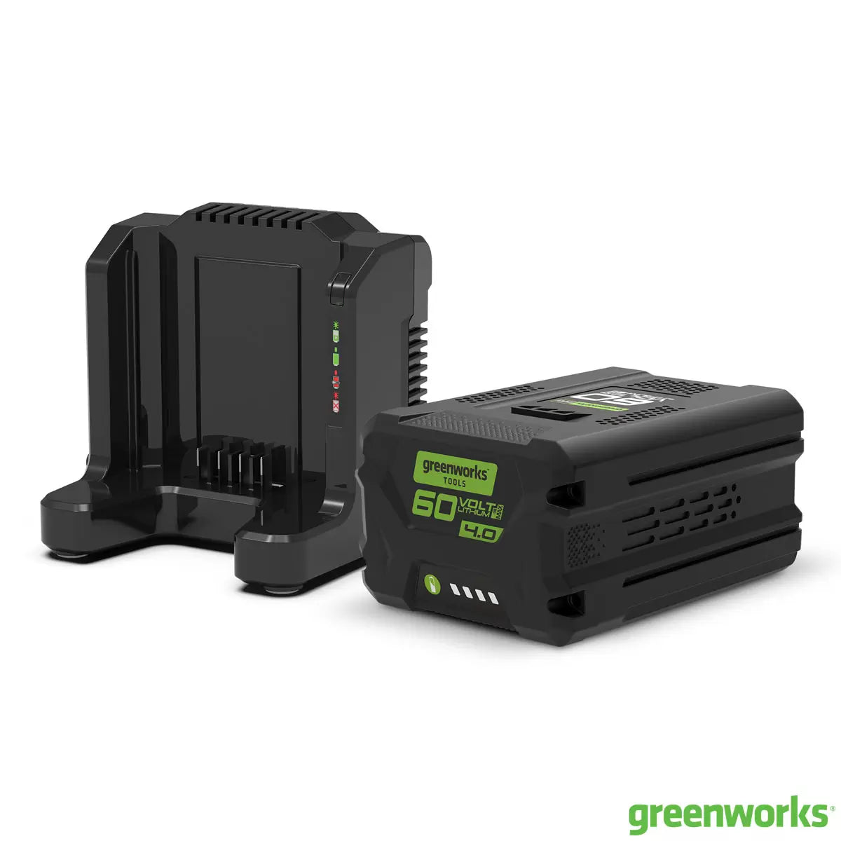Greenworks 60V 4Ah lithium-ion battery and matching fast diagnostic charger sitting on a clean surface.