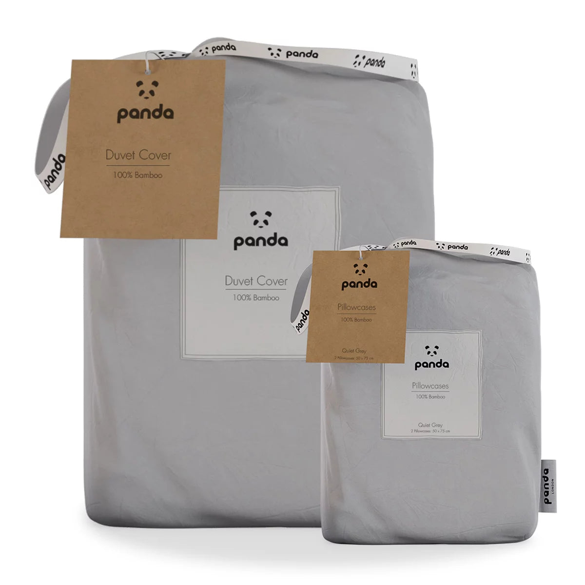 Panda 100% bamboo grey duvet cover set laid neatly on a bed showcasing cashmere-soft texture, natural bamboo button closures, and matching pillowcases.