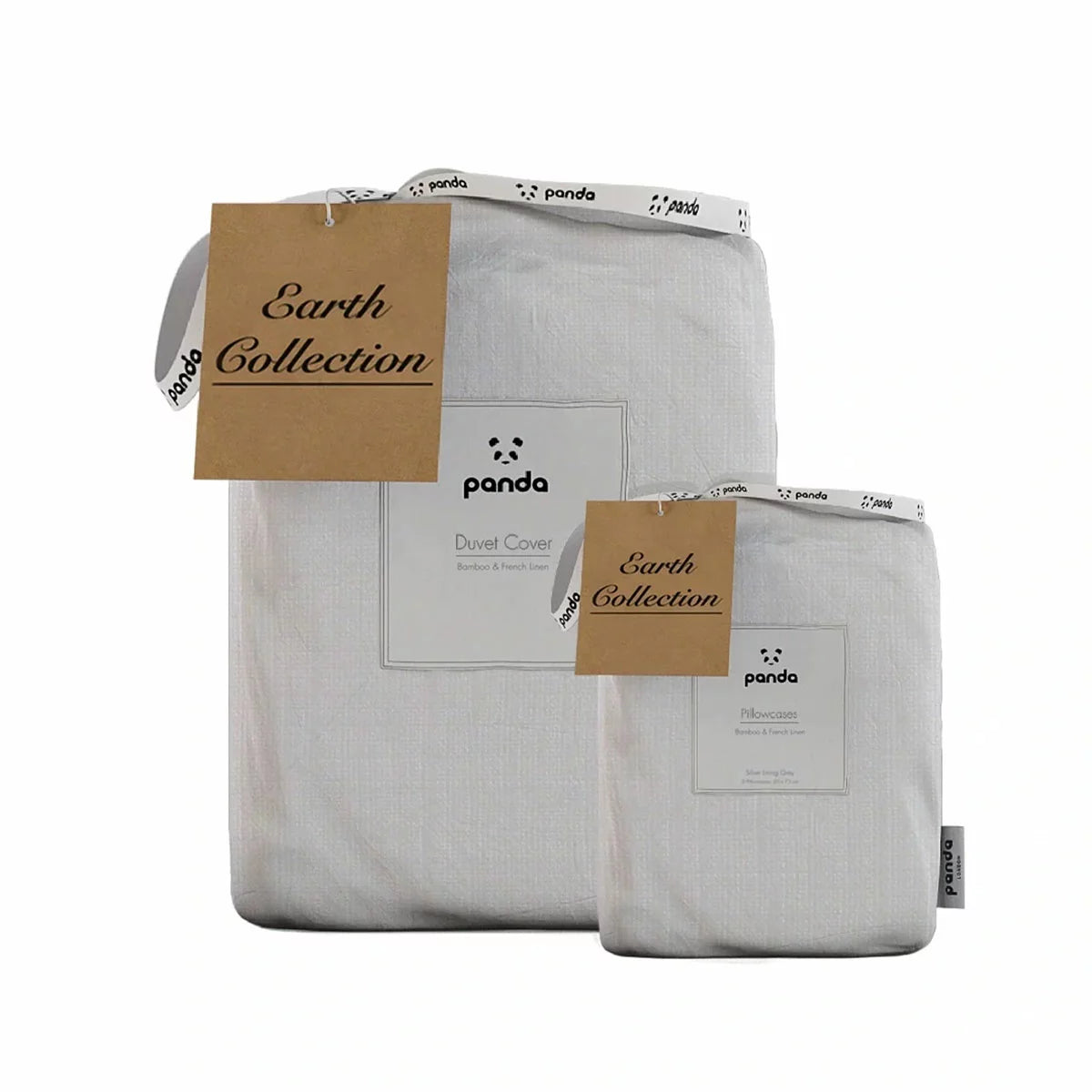 Panda Grey Bamboo and French Linen Duvet Cover Set on a bed featuring crisp matte texture, Oxford pillowcase edges, and raw bamboo buttons.
