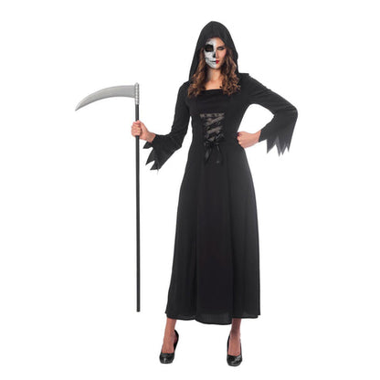 Front view of a woman wearing the dark hooded Grim Reaper Lady Adult Costume with floor-length flowing sleeves against a dark background.