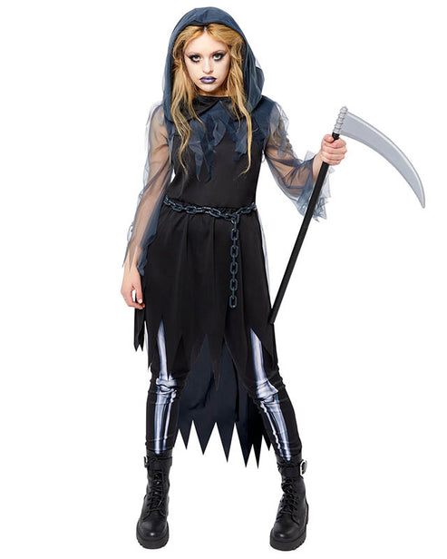 Front view of a woman wearing the dark hooded Grim Reaper Lady Adult Costume with floor-length flowing sleeves against a dark background.