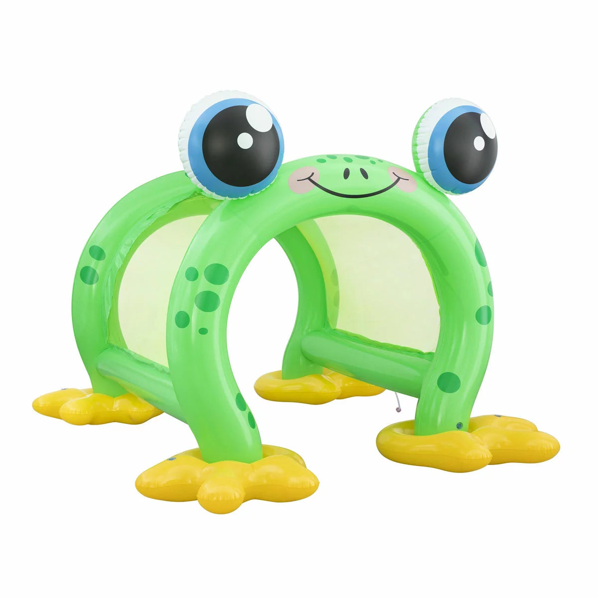 Giant green inflatable frog-shaped sprinkler arch tunnel spraying water onto a green garden lawn during sunny outdoor play.