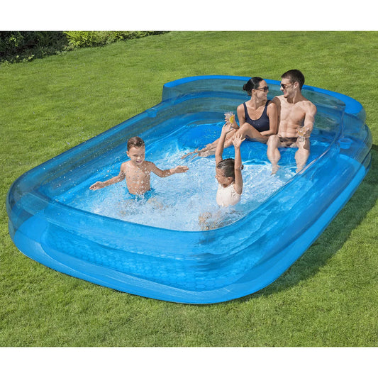 Blue and white H2OGO! inflatable family lounge pool with two seats and cup holders in a backyard.