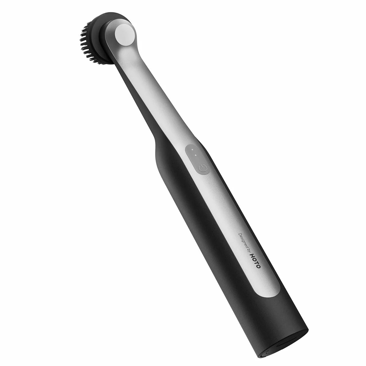 Black HOTO Wand Cordless Spin Scrubber shown handheld with a magnetic pointed brush head attached against a clean tile background.