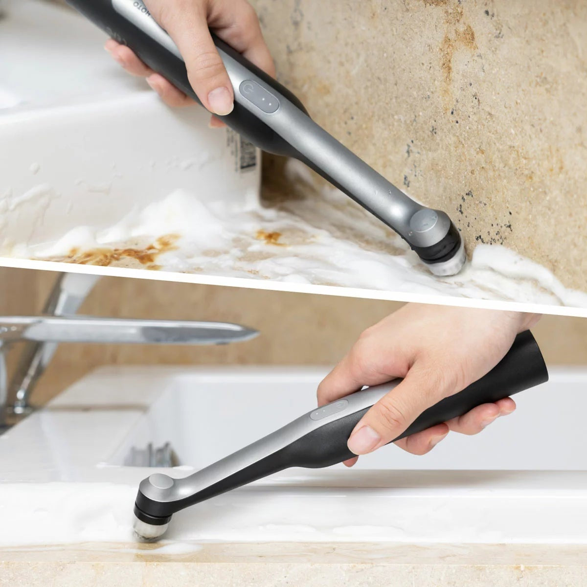 Black HOTO Wand Cordless Spin Scrubber shown handheld with a magnetic pointed brush head attached against a clean tile background.