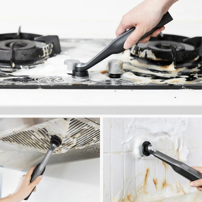 Black HOTO Wand Cordless Spin Scrubber shown handheld with a magnetic pointed brush head attached against a clean tile background.