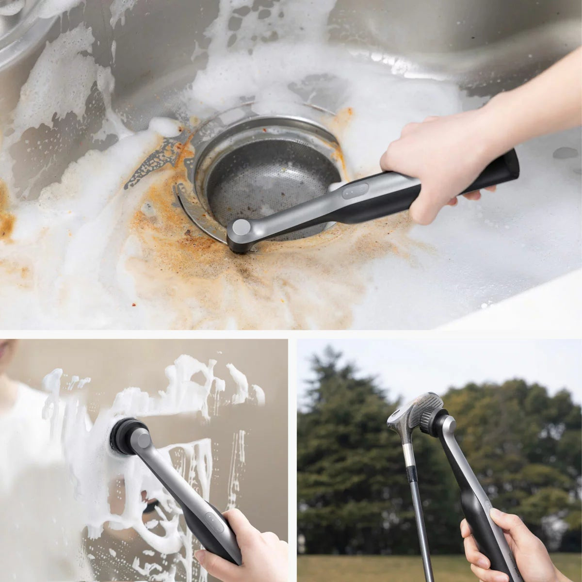 Black HOTO Wand Cordless Spin Scrubber shown handheld with a magnetic pointed brush head attached against a clean tile background.