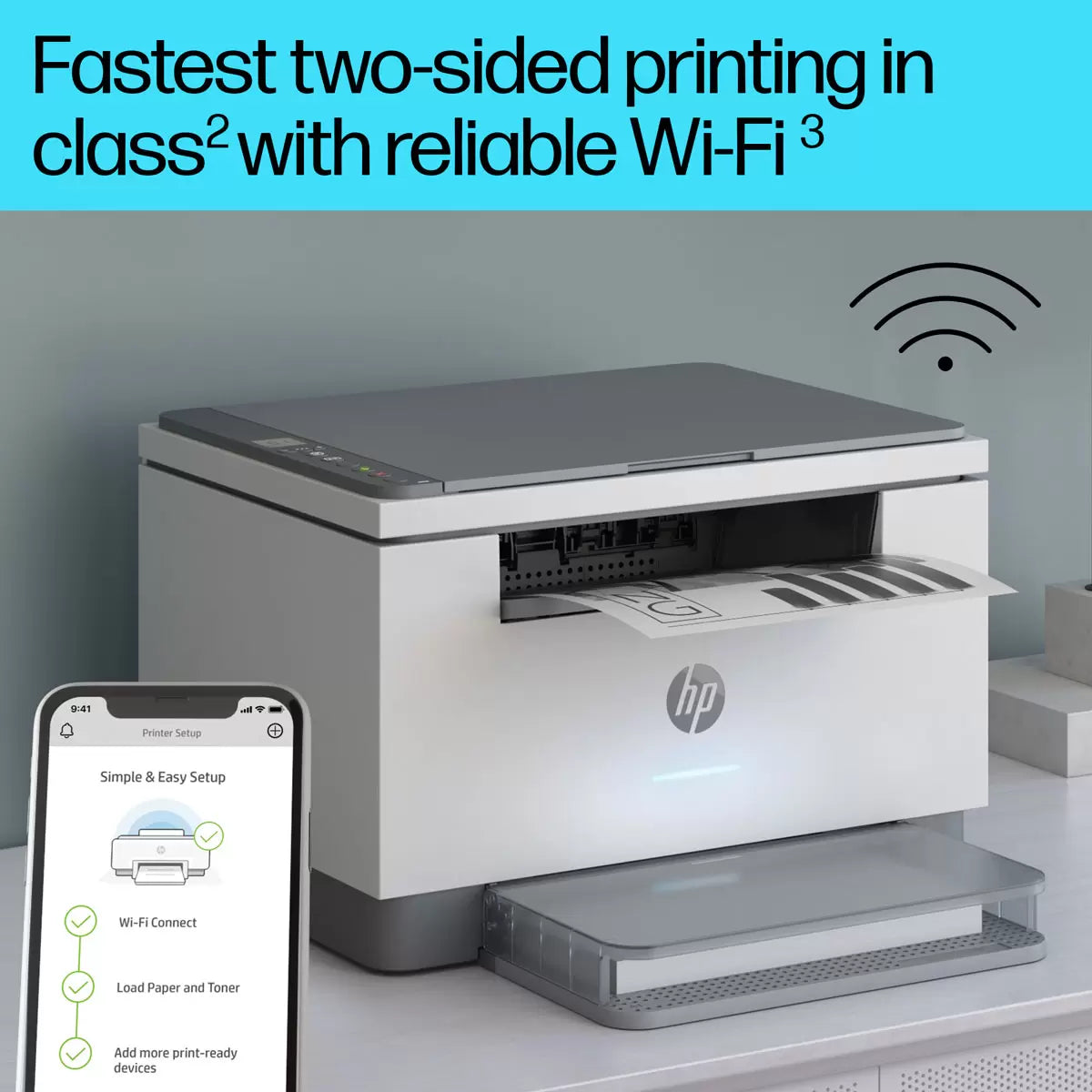 Front angle view of the compact grey and white HP LaserJet M234DW wireless printer sitting on a minimalist wooden office desk, actively outputting a crisp black and white business document.