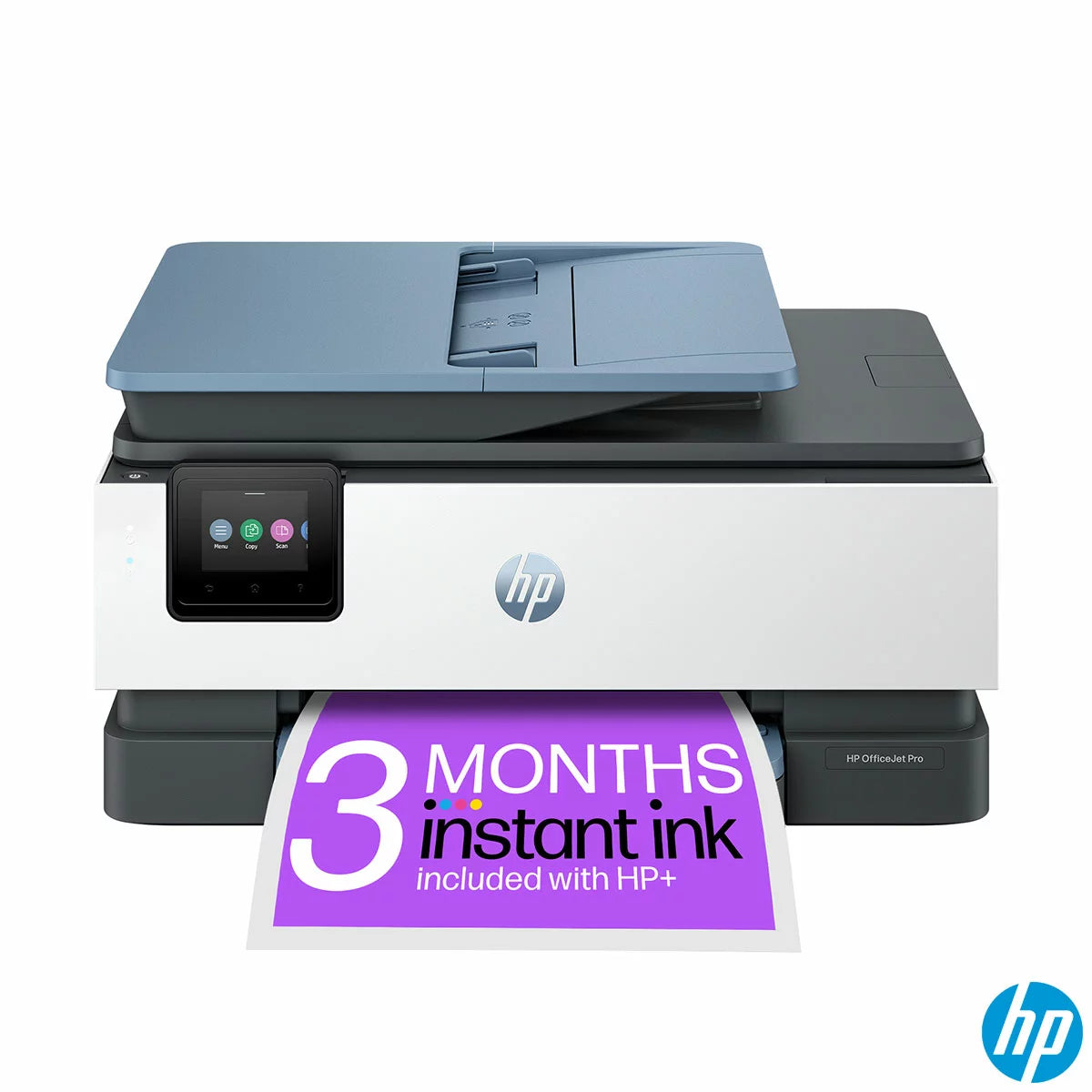 A sleek black and white HP OfficeJet Pro 8125E A4 printer sitting neatly on a minimalist wooden home office desk next to a modern smartphone displaying a print application.