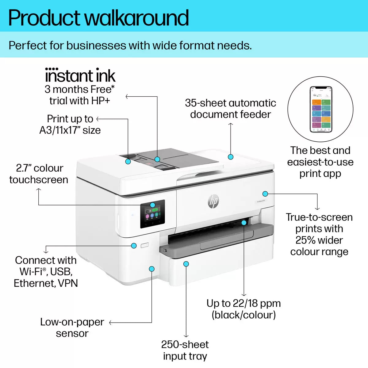HP OfficeJet Pro 9720E A3 wireless all-in-one printer print copy scan colour office business device - 2