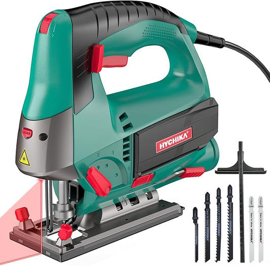 HYCHIKA 800W green and black corded electric jigsaw with built-in laser guide mounted on a wooden workshop table cutting through timber.
