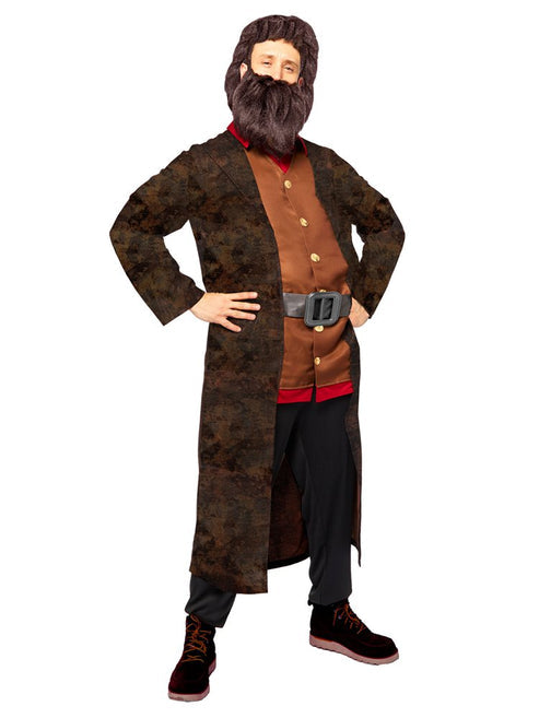 Front view of the Hagrid Adult Costume featuring a rich brown longline coat and oversized buckled belt on a display mannequin.