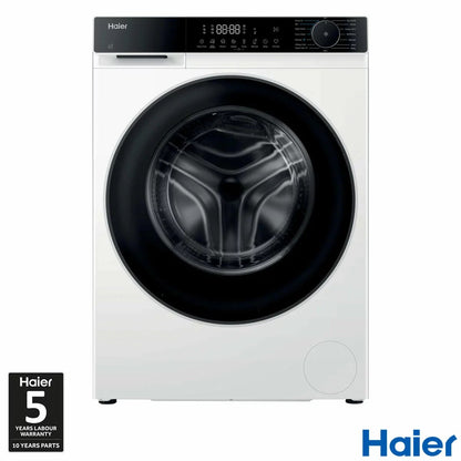 Front view of the white Haier 13kg washing machine featuring a dark door trim and digital control screen on a white background.