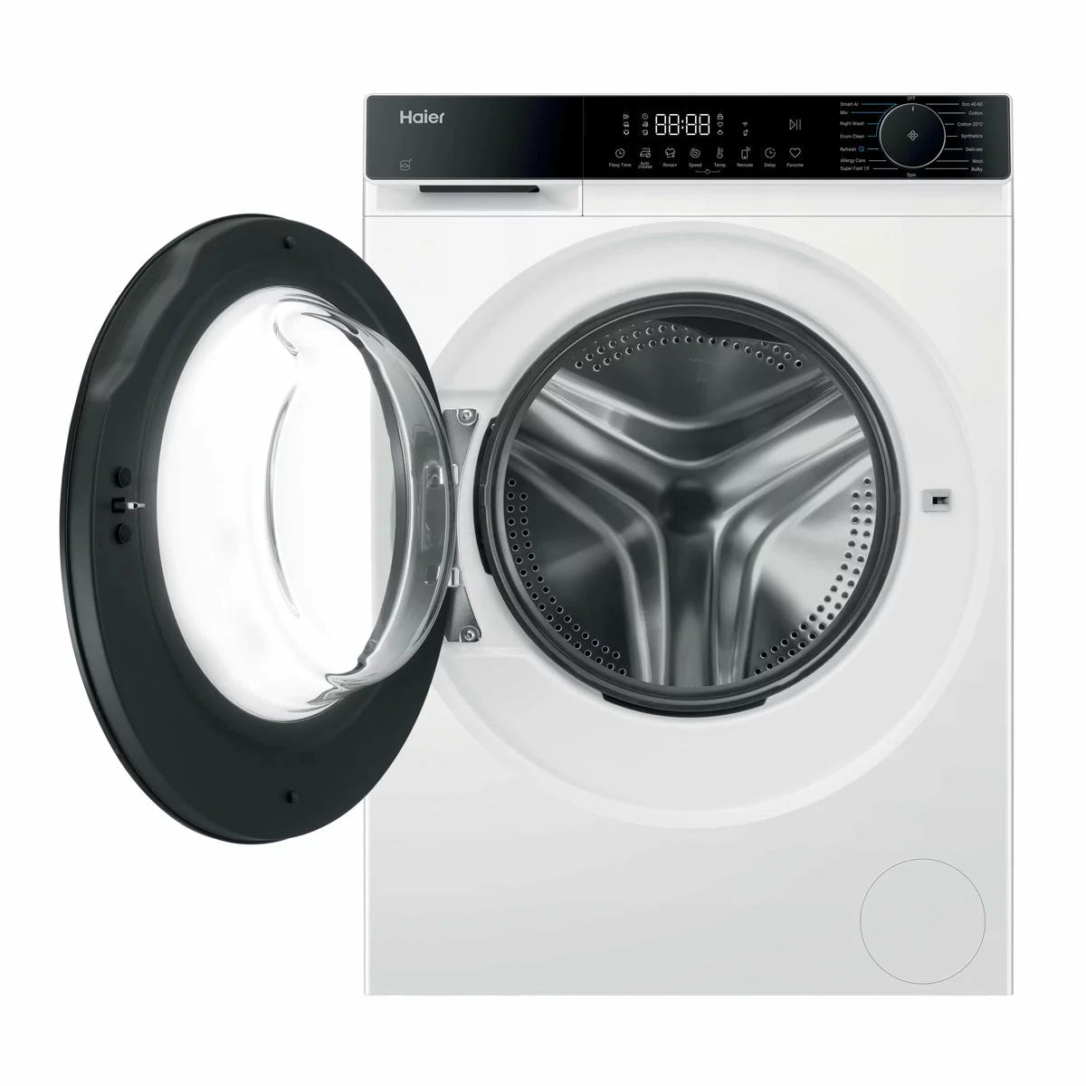 Front view of the white Haier 13kg washing machine featuring a dark door trim and digital control screen on a white background.