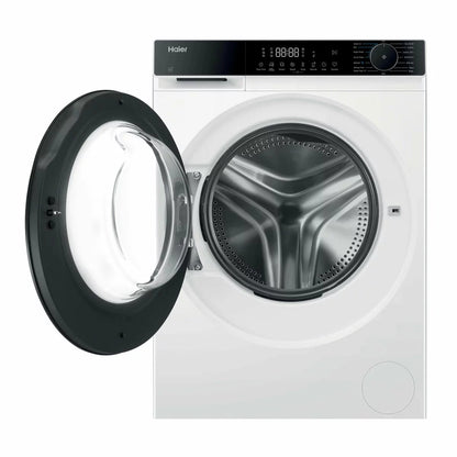 Front view of the white Haier 13kg washing machine featuring a dark door trim and digital control screen on a white background.