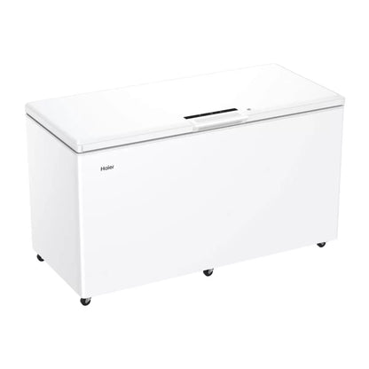 Haier HCE519EK 504L white chest freezer with large capacity frozen food storage and E-rated energy efficiency .