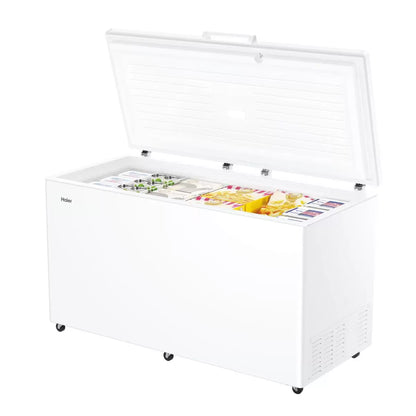 Haier HCE519EK 504L white chest freezer with large capacity frozen food storage and E-rated energy efficiency .