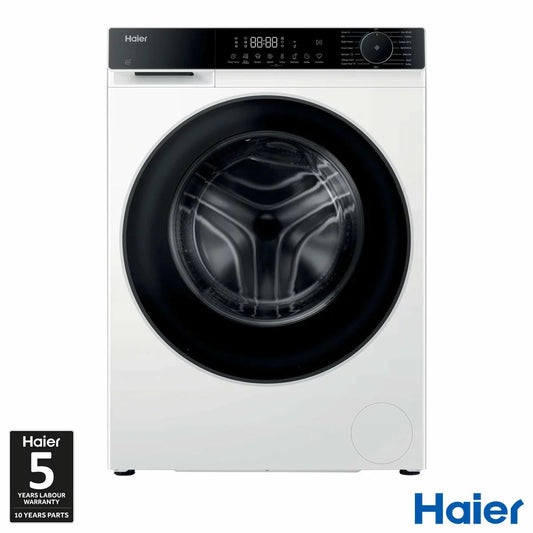 Front view of the white Haier X5 9kg washing machine showing the large dark door glass, control dial, and sleek LED display panel.